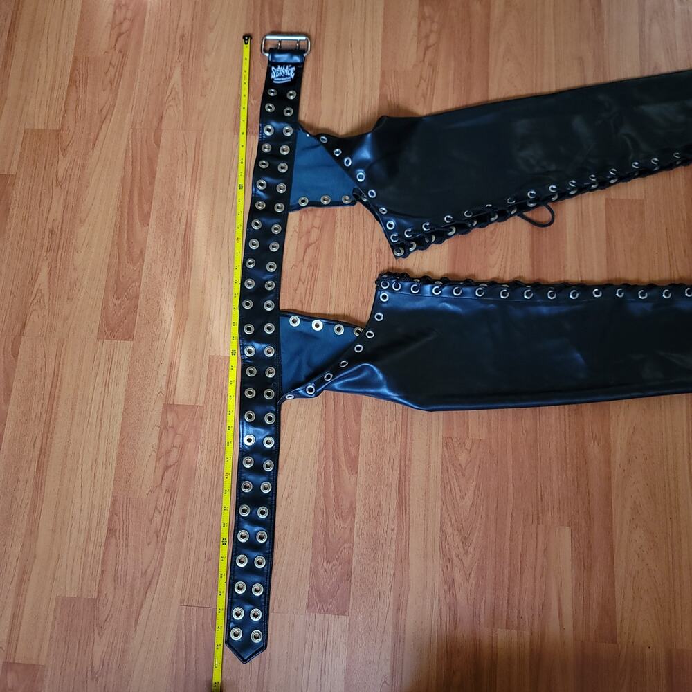 Vintage 1990 Vinyl HOT Motorcycle Chaps Women Sexy Fetish LGBTQ OS Adjusts Black - Picture 12 of 16
